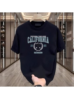 California Baskılı Siyah Oversize Erkek Tshirt