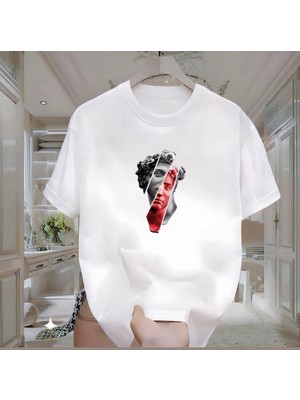 Heykel Baskılı Beyaz Oversize Erkek Tshirt
