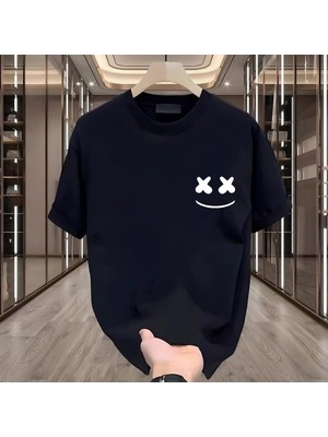Smile Baskılı Siyah Oversize Erkek Tshirt