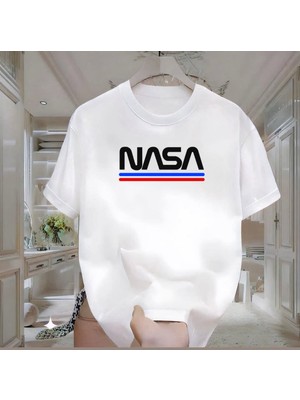 Nasa Baskılı Beyaz Oversize Erkek Tshirt