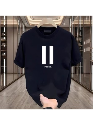 Pause Baskılı Siyah Oversize Erkek Tshirt