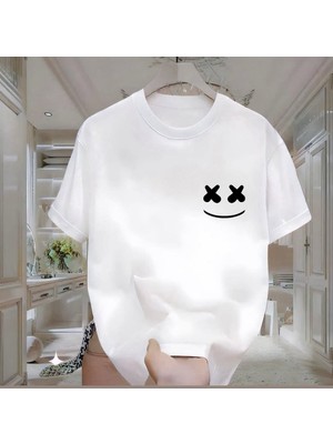 Smile Baskılı Beyaz Oversize Erkek Tshirt