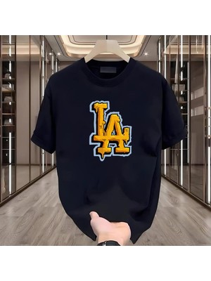La Baskılı Siyah Oversize Erkek Tshirt