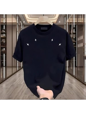 4 Yıldız Baskılı Siyah Oversize Erkek Tshirt