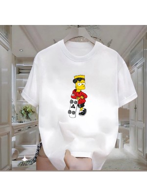 Simpson Baskılı Beyaz Oversize Erkek Tshirt