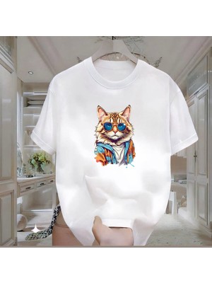 Cool Kedi Baskılı Beyaz Oversize Erkek Tshirt