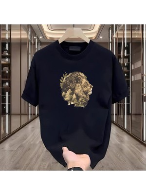 Aslan Baskılı Siyah Oversize Erkek Tshirt