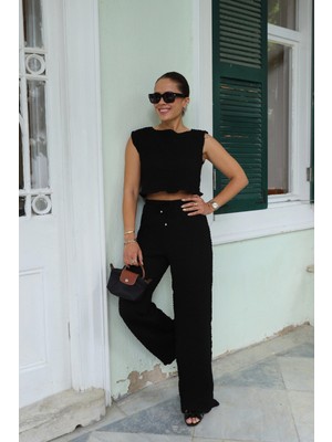 Siyah Bürümcük Crop Pantolon Takım