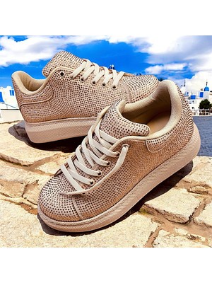 Taşlı Ipli Kalın Taban Ortopedik Bayan Spor Sneakers Ayakkabı