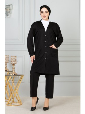 Kadın Siyah Anne Uzun Ince Penye Hırka Anneler Günü