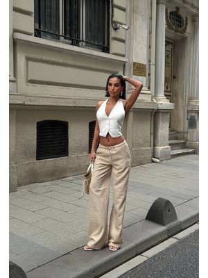 Krem Kadın Bel Lastik Detaylı Ince Dökümlü Baggy Keten Pantolon EMİLY-3018