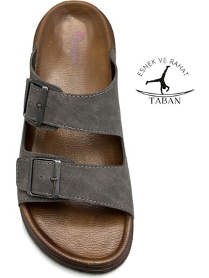 Sermoda Çift Toka Ayarlanabilir Genişlik Esnek Rahat Deri Erkek Terlik 25103 Gri