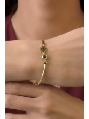 Fiyonk Kuyumculuk 14 Ayar Altın Şans Yoncası ve Göz Detaylı Italyan Balıksırtı Bileklik