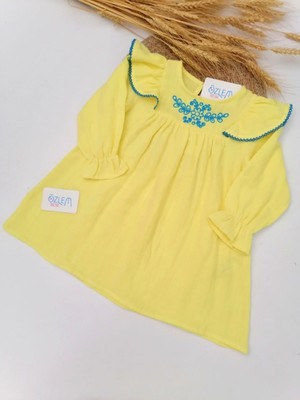 Yakası Nakışlı Sarı Müslin Elbise 18-24 Ay