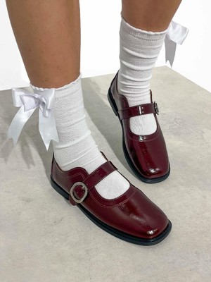 Pergamon Kadın Marj Jane  Deri Tek Bantlı Küt Burunlu Bordo Ayakkabı