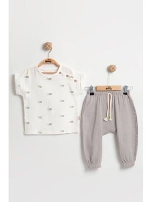 Mini Baray Timsah Desenli Erkek Bebek Body+Şort Takımı 9-12-18 Ay - %100 Pamuk Müslin Yazlık Set