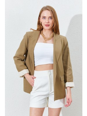 Kadın Haki Kol Katlamalı Keten Blazer Ceket