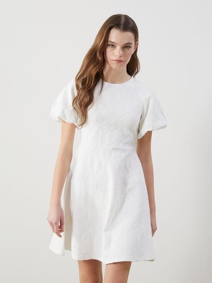 Xsıde  Bisiklet Yaka Desenli Balon Kollu Kadın Elbise  (S5)