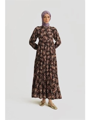 Armine Şal Desenli Elbise-Siyah 25YT914