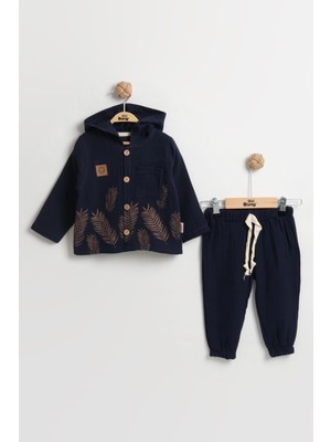 Mini Baray Doğal Yaprak Baskılı Uzun Kollu Bebek Gömlek Takımı 9-12-18 Ay - %100 Pamuk Müslin Yazlık Set