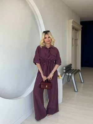 Mürdüm Düşük Kol Beli Bağcık Detaylı Ceket Pantolon Takım