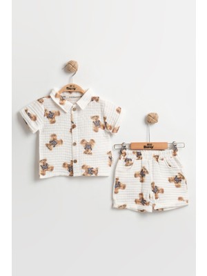 Mini Baray Sevimli Ayıcık Baskılı Erkek Bebek Şortlu Takım 9-12-18 Ay - Organik Müslin Kumaş
