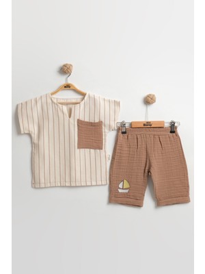 Mini Baray Çizgili Keten Gömlek+Şort Erkek Çocuk Yazlık Takımı 2-3-4-5 Yaş - %100 Pamuk Müslin Kumaş