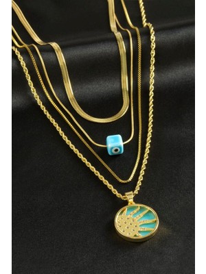 Güneş Zirkon Taşlı Lüks Çelik Dörtlü Kolye