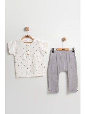 Mini Baray Doğal Başak Desenli Erkek Bebek Yazlık Takımı 9-12-18 Ay - %100 Pamuk Müslin Kumaş