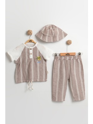 Şapkalı 3'lü Çizgili Bebek Takımı 9-12-18 Ay - Body+Şort+Şapka Müslin Set