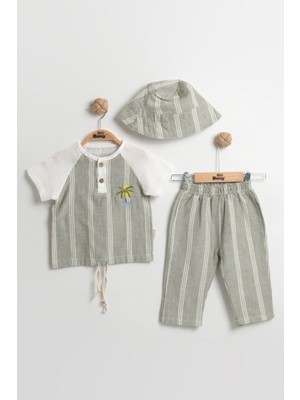 Şapkalı 3'lü Çizgili Bebek Takımı 9-12-18 Ay - Body+Şort+Şapka Müslin Set