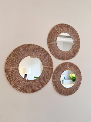Üçlü Yuvarlak Ebruli Bohem Ayna Seti & Dekoratif Ayna