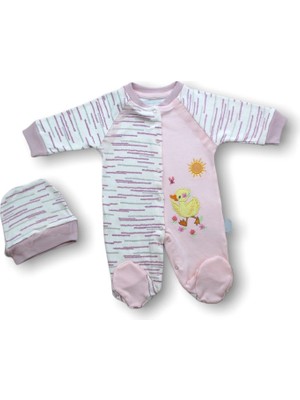 0-3 3-6 6-9 Ay Süslü Ördek Nakışlı Şapkalı Kız Bebek Tulumu Pembe