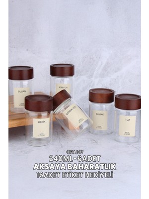 (Akasya) 6 Adet 240 ml Cam Baharatlık - Akasya Rengi - Yuvarlak Baharatlık - 16 Adet Etiket