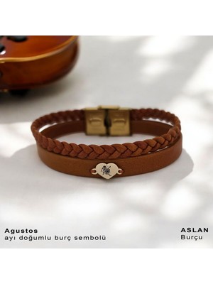 14 Ayar Plakalı Altın Kalp Motifli Kadınlara Özel Derili Burç Bilekliği-401BURÇ-KAHVERENGI
