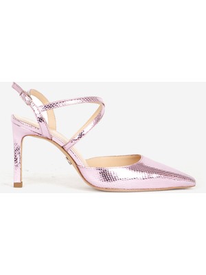 Dericlub Kadın Stiletto Sivri Burun Arkası Açık Bantlı Topuklu Ayakkabı Gerçek Deri Sy 27380 Pembe