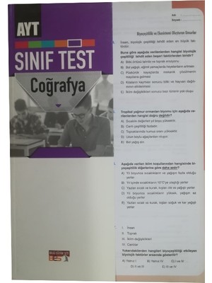 ÜçDörtBeş Yayınları Ayt Coğrafya Yaprak Test