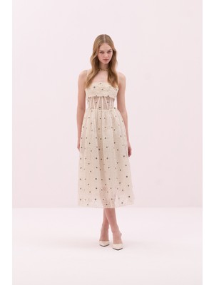 Çıkarılabilir Ince Askılı Straplez Midi Boy Elbise Ekru Y2511312_049