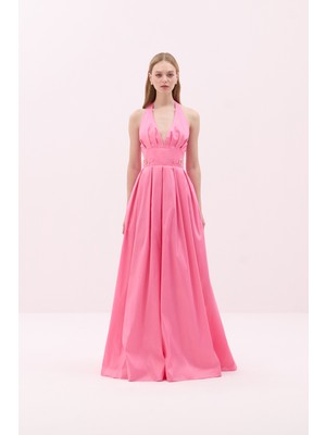 Toka Detaylı Sırt Dekolteli Tafta Elbise Pembe Y2511340_038