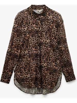 Koton Uzun Kollu Leopar Desenli Şifon Gömlek Plaj Elbisesi