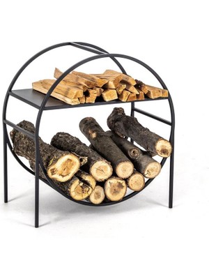 Abronya Metal Tasarım Odunluk  Yuvarlak Model Odun Rafı Siyah Renk 1 Adet