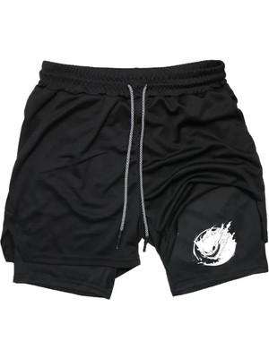 Aytok Tekstil Makiteks Baskılı Makiteks Sporcu Şortu, Alt Siyah Tayt Görünümlü Çok Cepli Taytlı Spor Şortu