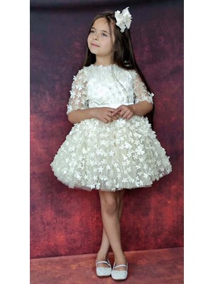 Kız Çocuk Kolları Şeffaf Tüllü ve Üzeri Papatya Motifli Beli Şerit Detaylı Krem Elbise