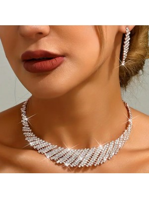 Gümüş Kaplama Su Yolu Zirkon Taşlı Kolye Küpe Seti Gelin Takı Seti Nişan Seti Parti Davet Abiye Seti