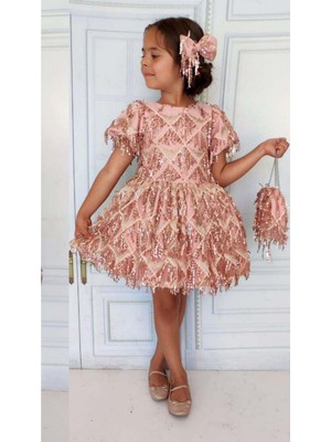 Kız Çocuk Üzeri Pulpayet Işlemeli Püsküllü Parlak Somon Elbise