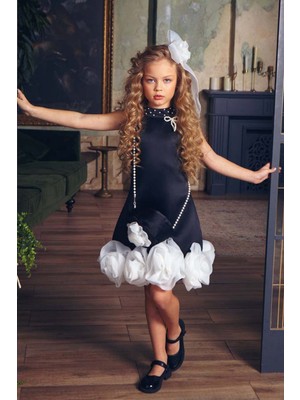 Kız Çocuk Dik Yaka İnci Detaylı Sıfır Kol Eteği 3D Gül İşlemeli Slim Kesim Siyah Elbise 2250605021
