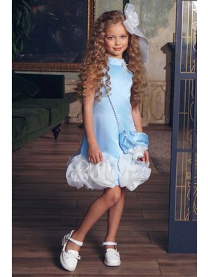 Kız Çocuk Dik Yaka İnci Detaylı Sıfır Kol Eteği 3D Gül İşlemeli Slim Kesim Mavi Elbise 2250605022