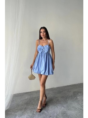 Defy Moda Mavi Önü Fiyonklu Askılı Elbise
