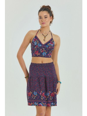 Sırtı Açık Boyundan Bağlamalı Kuplu Crop Bluz