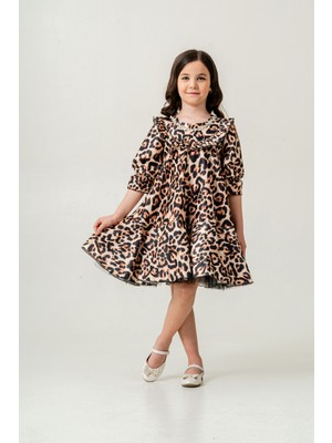 Leopar Desenli Zarif Kız Çocuk Abiye Elbise